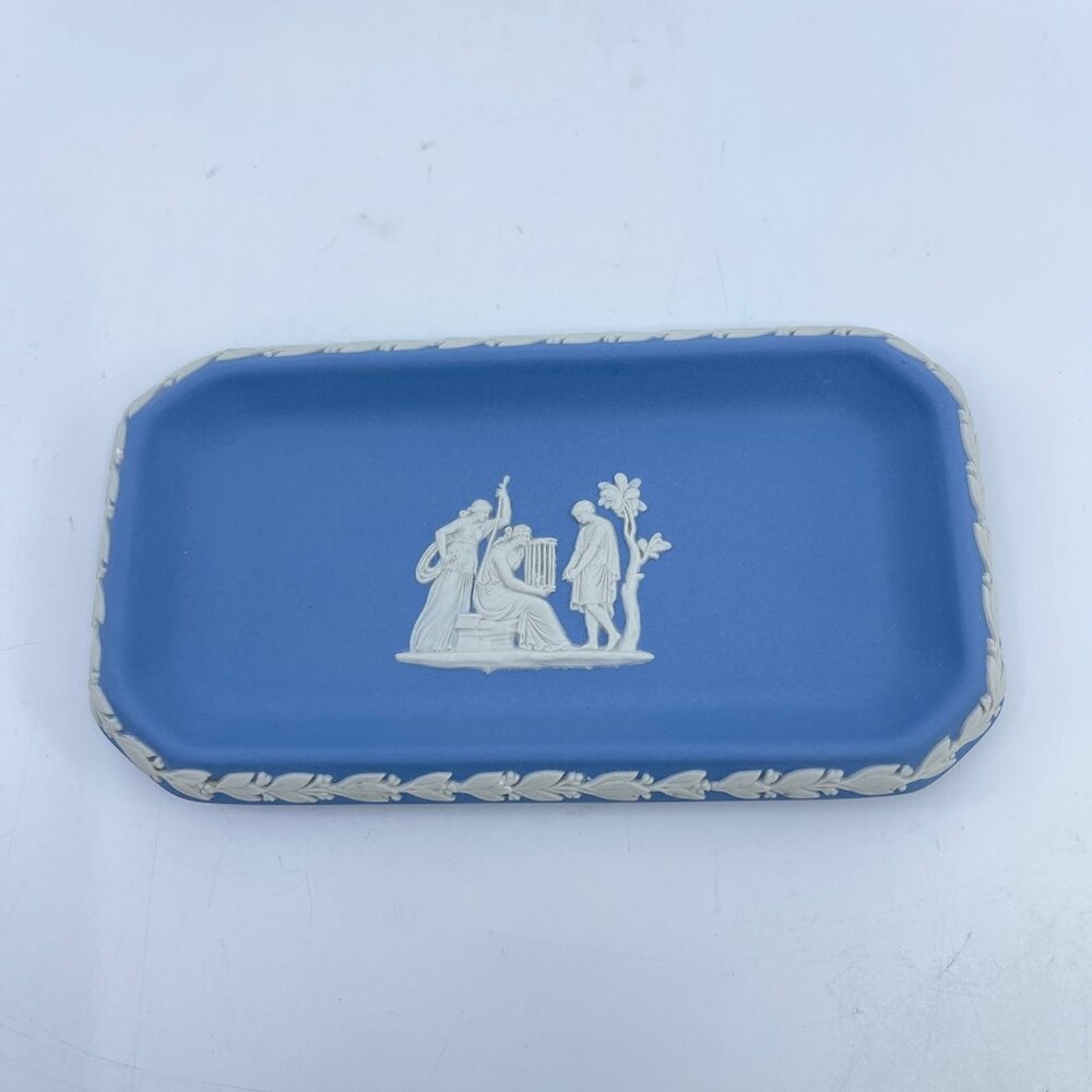 wedgwood blue jasperware rectangular tray with white relief design made in engla